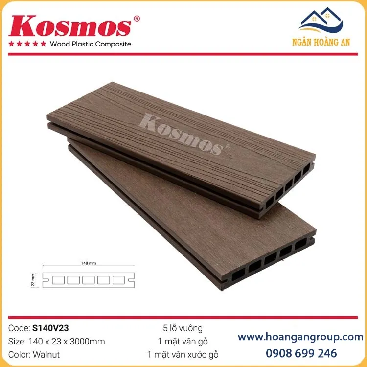Sàn Gỗ Nhựa Ngoài Trời Lỗ Vuông 2 Da Kosmos S140V23 Walnut