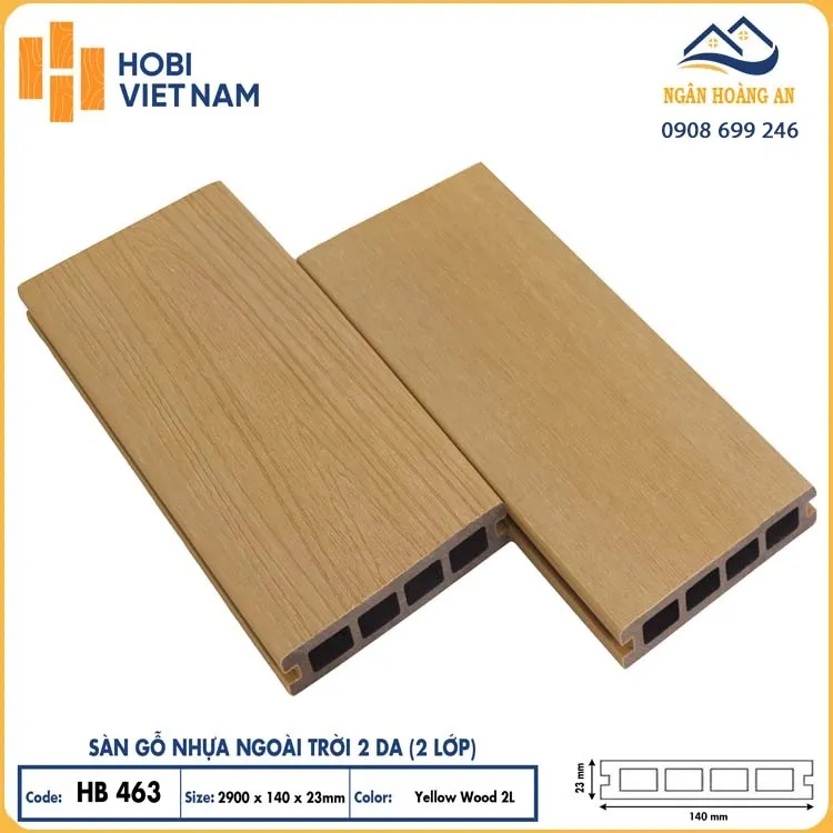 Sàn Gỗ Nhựa Ngoài Trời Lỗ Vuông 2 Lớp Hobiwood HB463 Yellow Wood