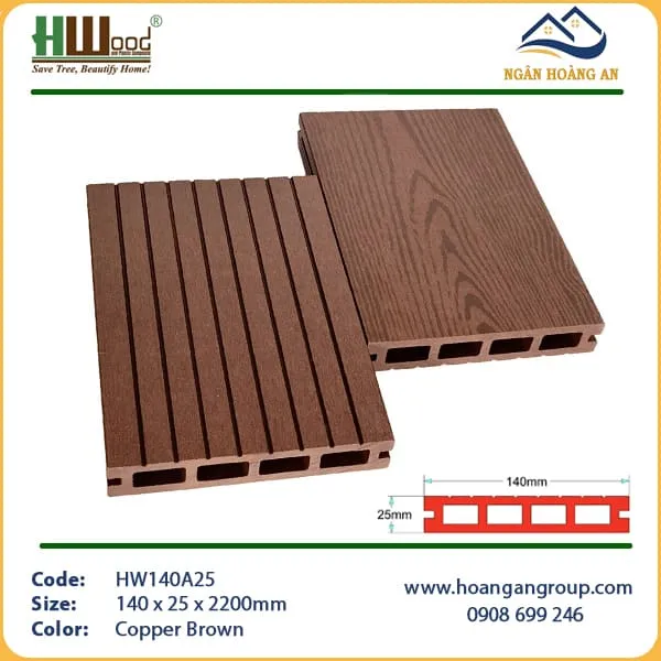 Sàn Gỗ Nhựa Ngoài Trời HWOOD Lỗ Vuông HW145A25 Copper Brown