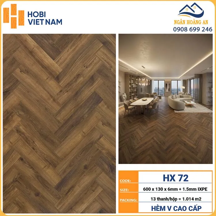 Sàn Nhựa HobiWood Xương Cá 6mm HX72 Vân Gỗ Nâu Đậm