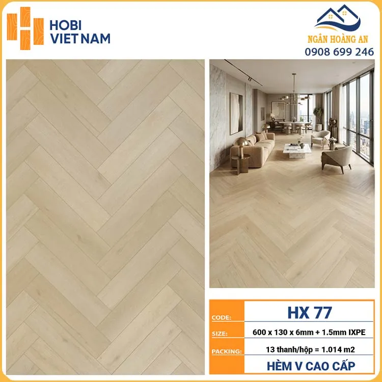Sàn Nhựa Xương Cá HobiWood 6mm HX77 Vân Gỗ Kem Sáng