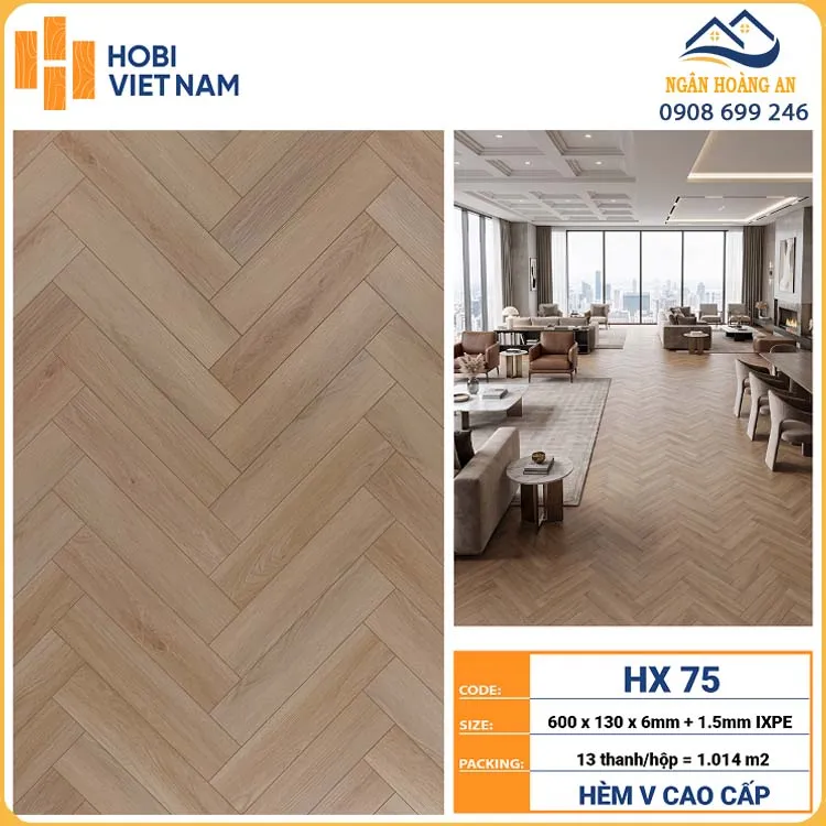 Sàn Nhựa Xương Cá HobiWood 6mm HX75 Vân Gỗ Nâu Vàng