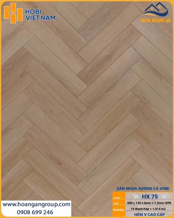 Sàn Nhựa Xương Cá HobiWood 6mm HX75 Vân Gỗ Nâu Vàng