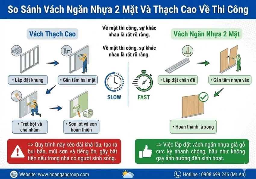So Sánh Vách Ngăn Nhựa 2 Mặt Và Thạch Cao Về Thi Công
