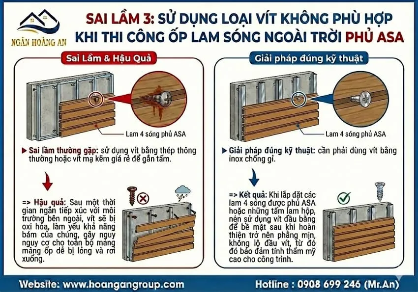 Sai Lầm 3: Sử Dụng Loại Vít Không Phù Hợp Khi Thi Công Ốp Lam Sóng Ngoài Trời Phủ ASA