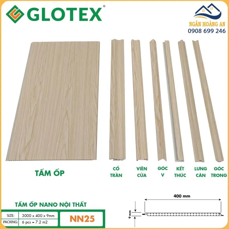 Tấm Nano Ốp Trần 9mm Glotex NN25 Vân Gỗ Vàng Nhạt
