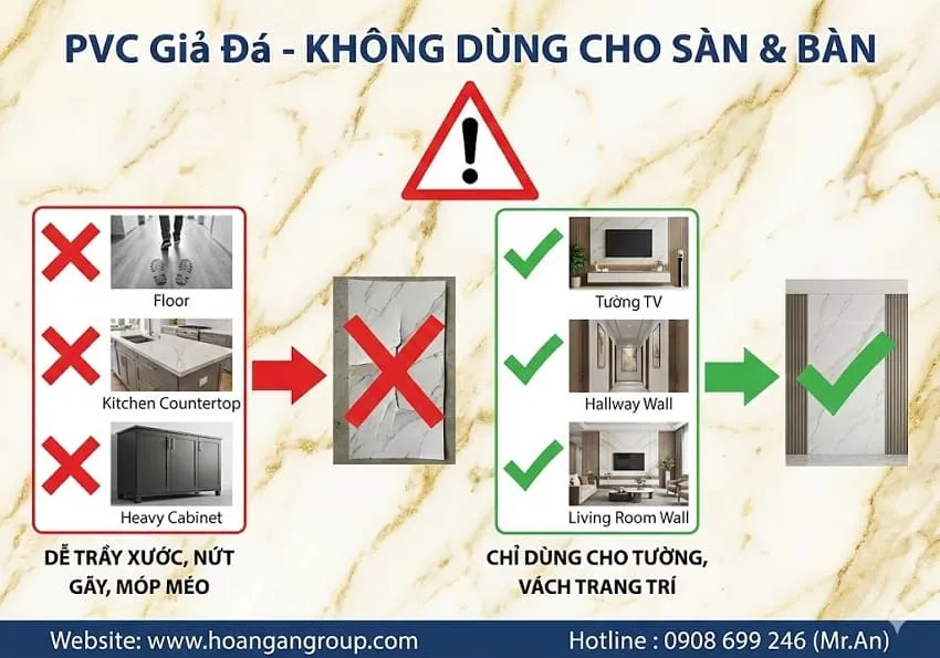 Tấm Nhựa PVC Giả Đá Không Nên Sử Dụng Cho Mặt Sàn Hay Mặt Bàn