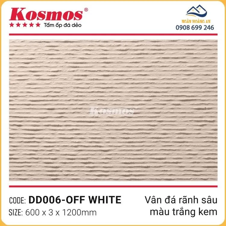 Tấm Ốp Đá Dẻo Chống Thấm Kosmos 3mm DD006 Vân Rãnh Sâu Trắng Kem