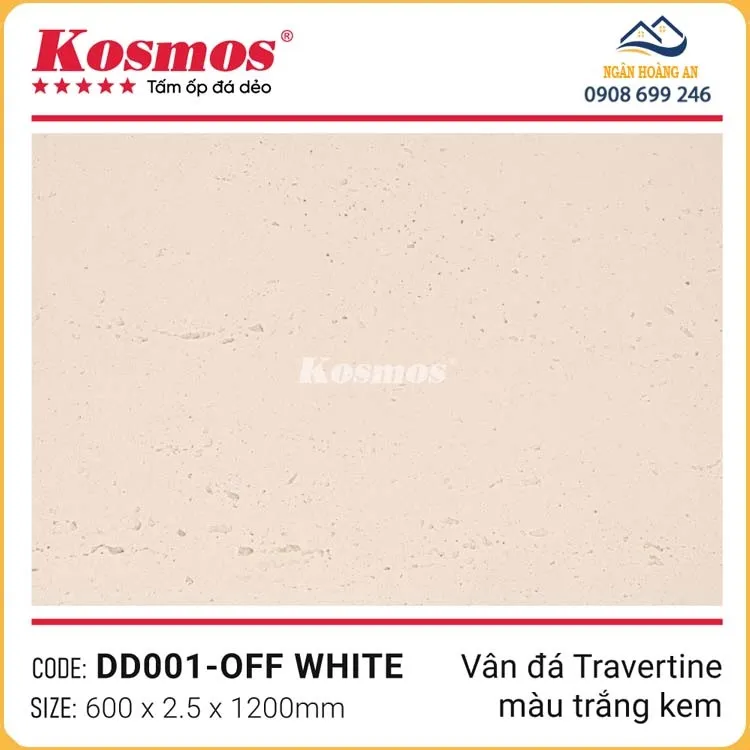 Tấm Ốp Đá Dẻo Kosmos 2.5mm DD001 Vân Travertine Trắng Kem
