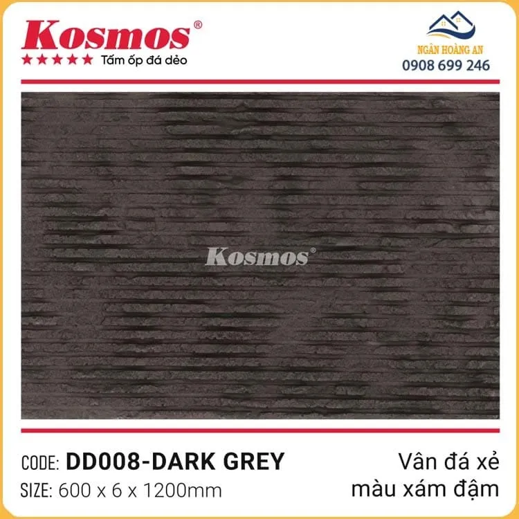 Tấm Ốp Đá Dẻo Kosmos 6mm DD008 Vân Đá Xẻ Xám Đậm