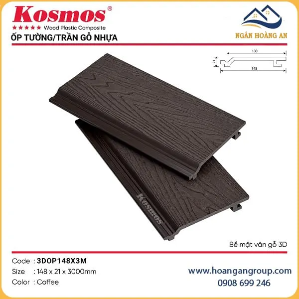 Ốp Trần Gỗ Nhựa Ngoài Trời Kosmos 3DOP148X3M Coffee Dài 3m