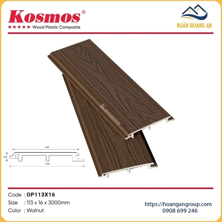Tấm Ốp Gỗ Nhựa Ngoài Trời Phủ ASA Kosmos OP113X16 Walnut