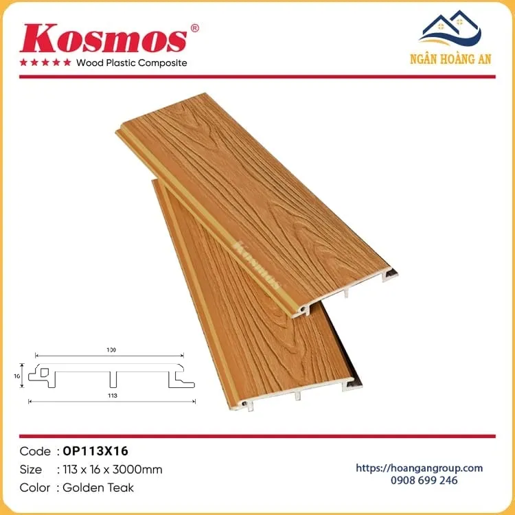 Tấm Ốp Vách Ngoài Trời Phủ ASA Kosmos OP113X16 Golden Teak