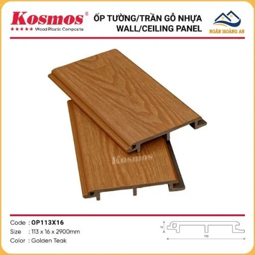 Tấm Ốp Gỗ Nhựa Ngoài Trời Kosmos Phủ ASA OP113X16 Gloden Teak