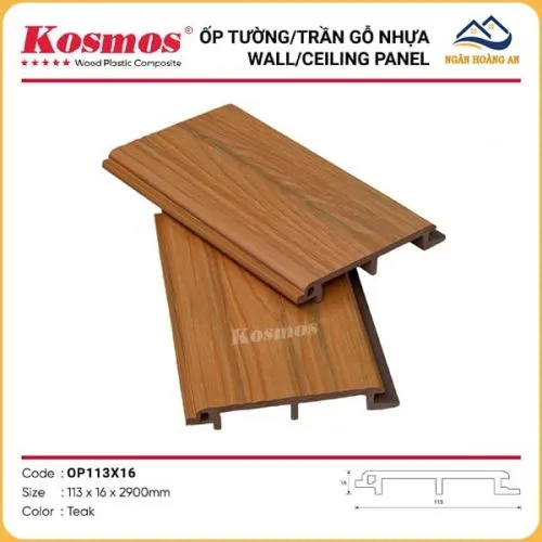 Tấm Ốp Lam Sóng Gỗ Nhựa Ngoài Trời Kosmos Phủ ASA OP113X16 Teak