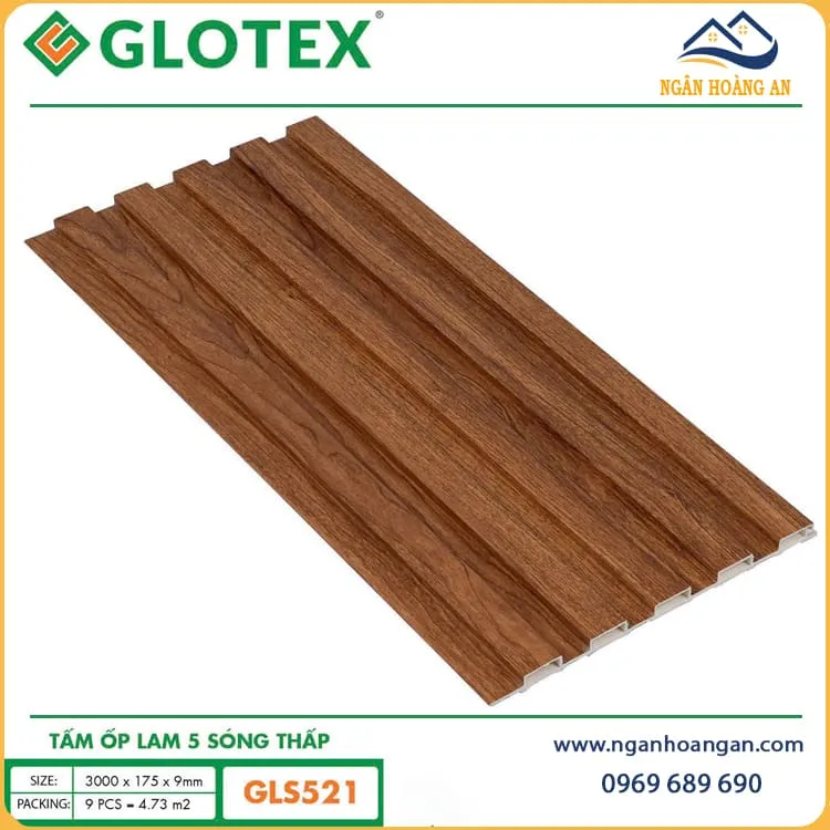 Tấm Ốp Lam 5 Sóng Thấp Giả Gỗ Ốp Tường Ốp Trần Glotex GLS-521 Tấm Ốp Lam 5 Sóng Thấp Giả Gỗ Ốp Tường Ốp Trần Glotex GLS-521