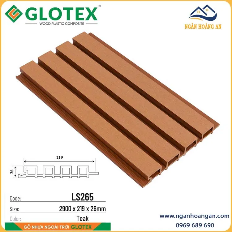 Tấm Ốp Lam Sóng Gỗ Nhựa Ngoài Trời Glotex LS265 Teak