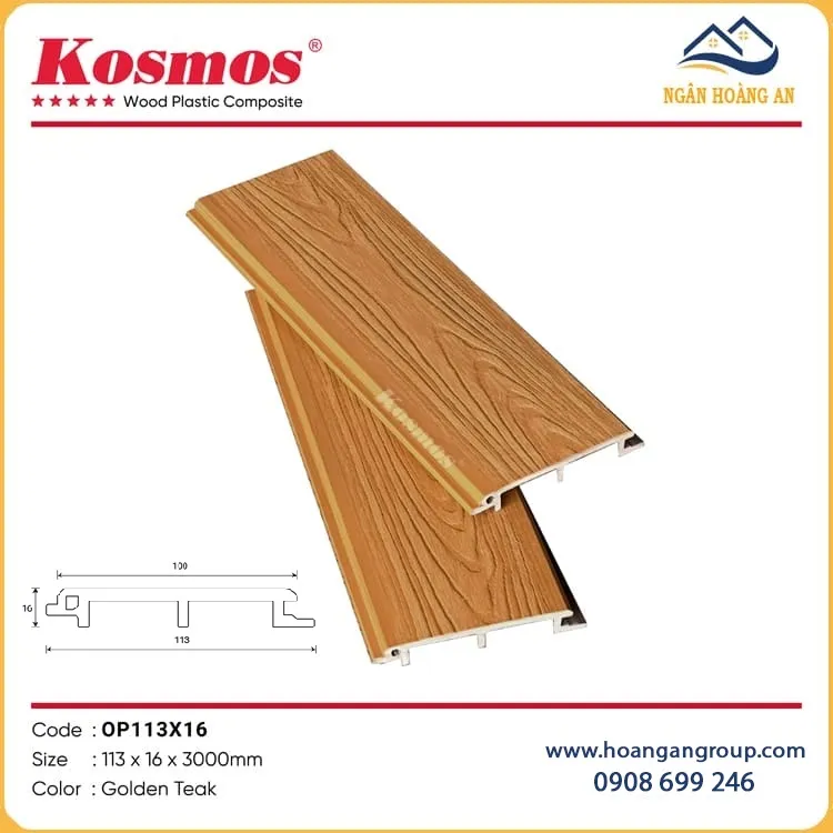 Tấm Ốp Vách Ngoài Trời Phủ ASA Kosmos OP113X16 Golden Teak
