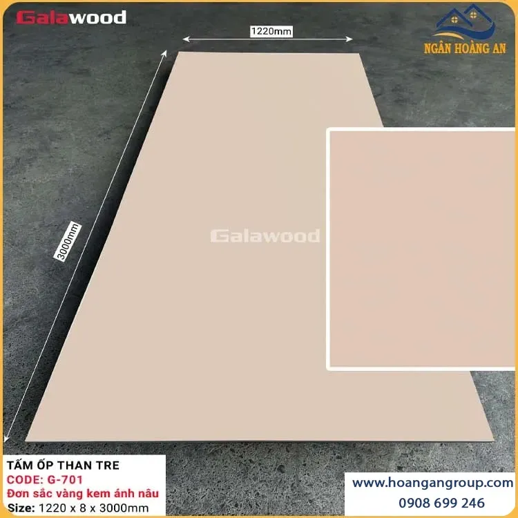 Tấm Ốp Than Tre Galawood 8mm G-701 Đơn Sắc Vàng Kem Ánh Nâu