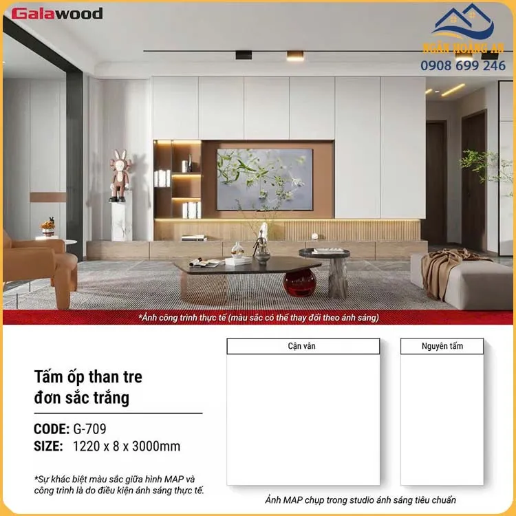 Tấm Ốp Tường Đa Năng Sợi Than Tre Galawood 8mm G-709 Đơn Sắc Trắng