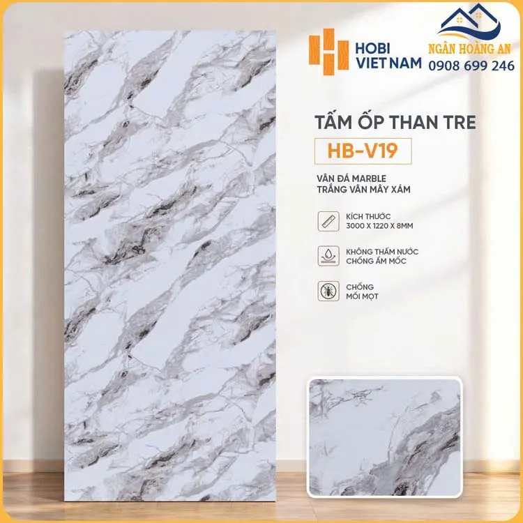 Tấm Ốp Sợi Than Tre HobiWood HB-V19 Vân Đá Trắng Vân Mây Xám