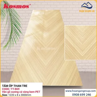 Tấm Ốp Sợi Than Tre Kosmos TT-869 Vân Gỗ Xương Cá Vàng Kem PET