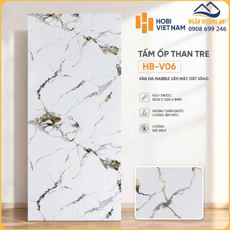 Tấm Ốp Than Tre 8mm HobiWood HB-V06 Vân Đá Marble Mây Dát Vàng