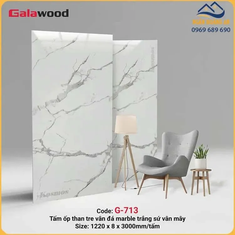 Tấm Ốp Than Tre Galawood 8mm G-713 Vân Đá PET Marble Trắng Sứ Vân Mây