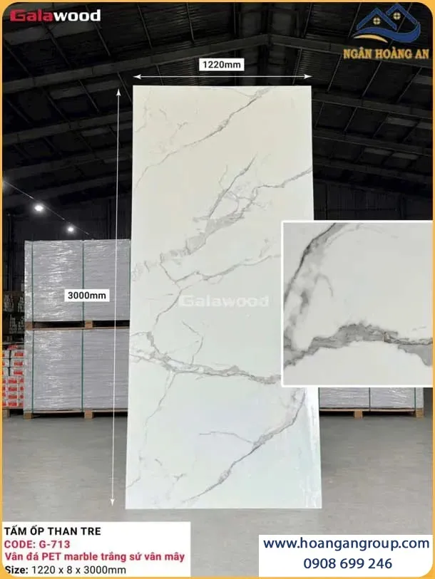 Ốp Tường Than Tre Galawood 8mm G-713 Vân Đá PET Marble Trắng Sứ Vân Mây