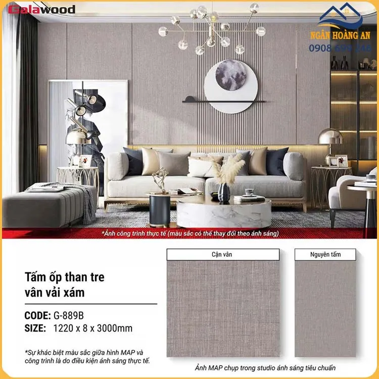 Tấm Ốp Tường Than Tre Galawood 8mm G-889B Vân Vải Xám