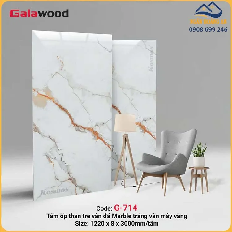 Tấm Ốp Than Tre Galawood Vân Đá Marble Trắng Mây Vàng G-714