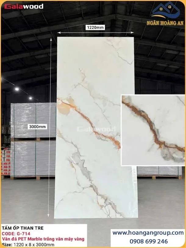 Ốp Tường Than Tre Galawood Vân Đá Marble Trắng Mây Vàng G-714 Ốp Tường Than Tre Galawood Vân Đá Marble Trắng Mây Vàng G-714