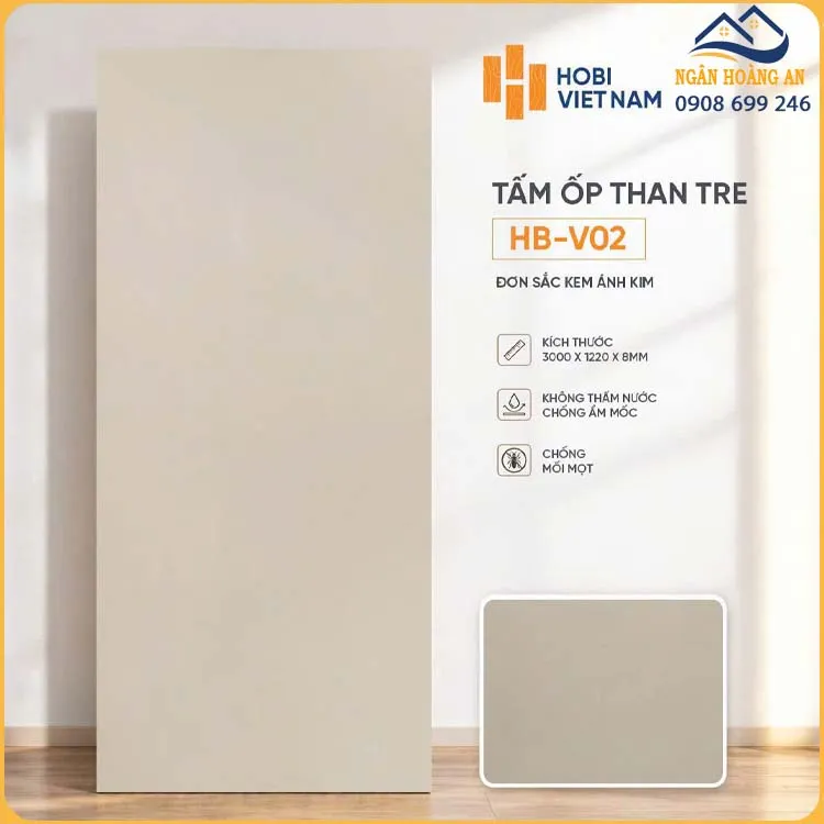 Tấm Ốp Than Tre HobiWood 8mm HB-V02 Đơn Sắc Kem Ánh Kim