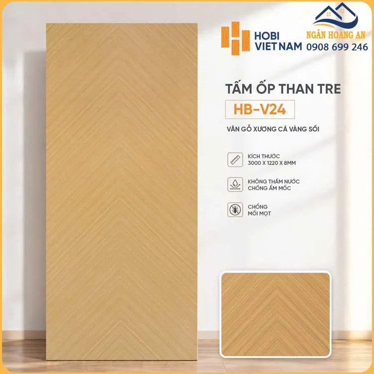 Tấm Ốp Than Tre HobiWood 8mm HB-V24 Vân Gỗ Xương Cá Vàng Sồi