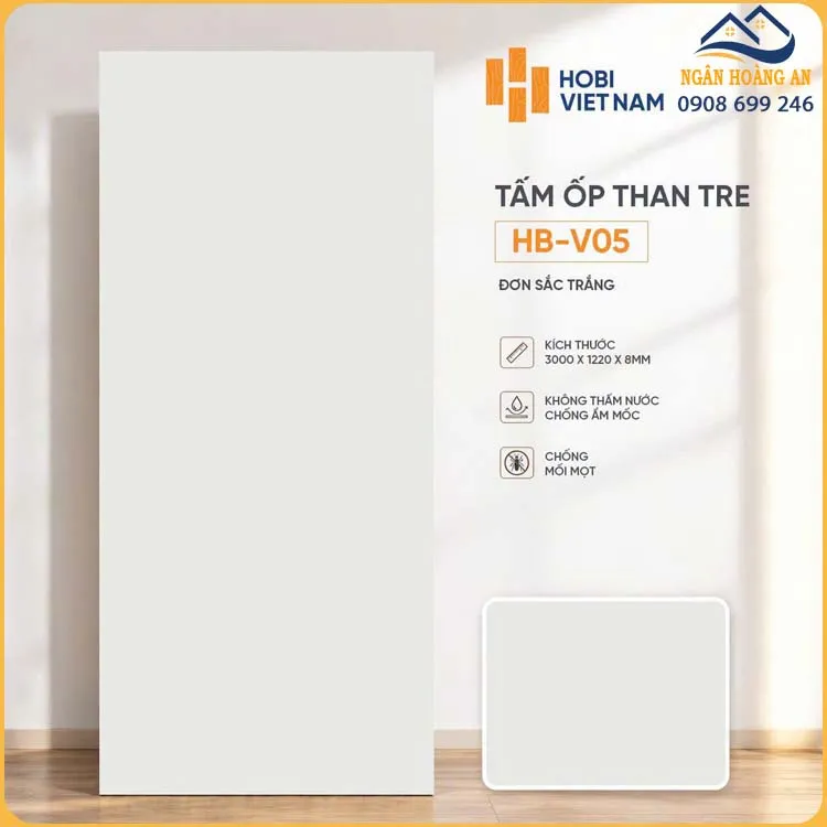 Tấm Ốp Than Tre HobiWood HB-V05 Đơn Sắc Trắng