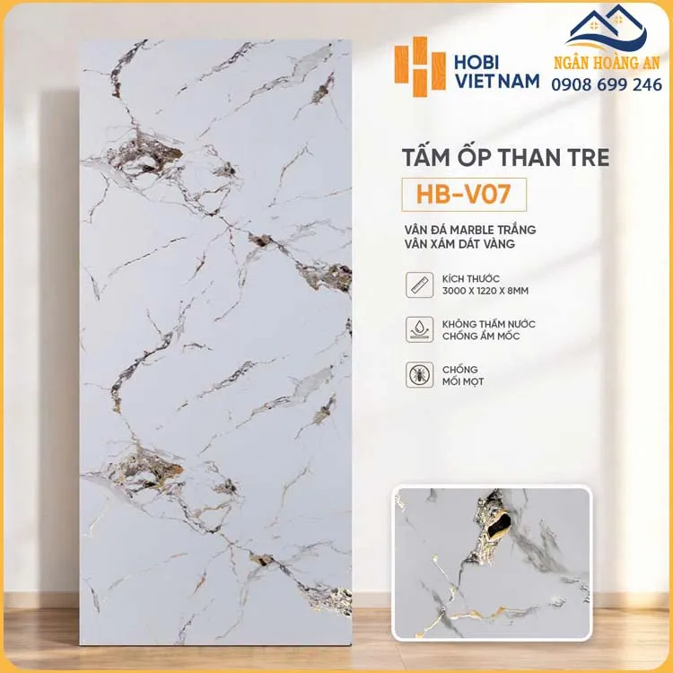 Tấm Ốp Than Tre HobiWood HB-V07 Vân Đá Marble Trắng Xám Dát Vàng