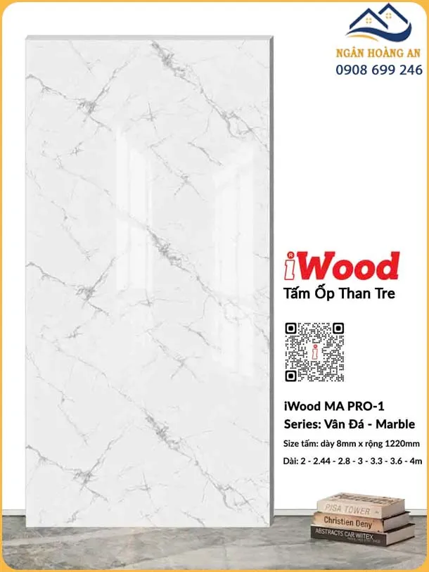 Tấm Ốp Than Tre iWood MA PRO-1 Vân Đá Trắng Xám Nhạt