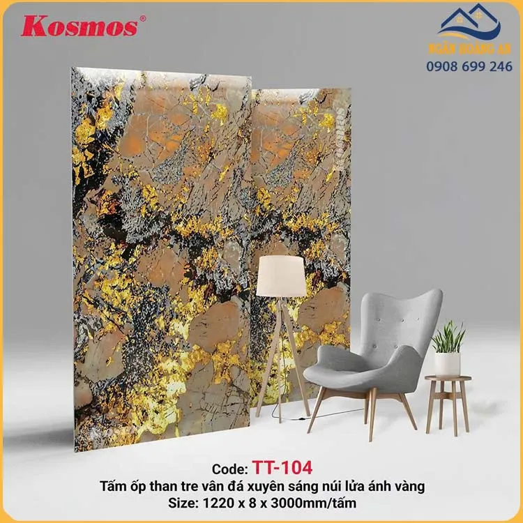 Tấm Ốp Than Tre Kosmos 8mm TT-104 Vân Đá PET Núi Lửa Ánh Vàng