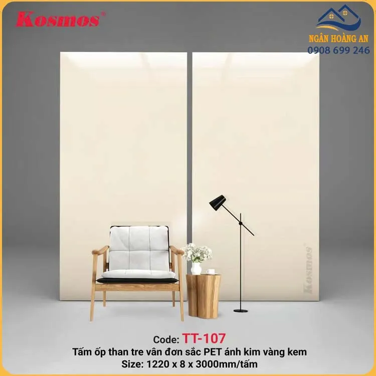 Tấm Ốp Than Tre Kosmos 8mm TT-107 Đơn Sắc PET Ánh Kim Vàng Kem Tấm Ốp Than Tre Kosmos 8mm TT-107 Đơn Sắc PET Ánh Kim Vàng Kem