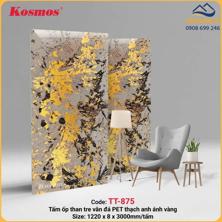 Tấm Ốp Than Tre Vân Đá PET Thạch Anh Ánh Vàng Kosmos TT-875 Tấm Ốp Than Tre Vân Đá PET Thạch Anh Ánh Vàng Kosmos TT-875