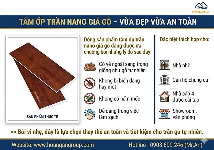 Tấm Ốp Trần Nano Giả Gỗ – Vừa Đẹp Vừa An Toàn Tấm Ốp Trần Nano Giả Gỗ – Vừa Đẹp Vừa An Toàn