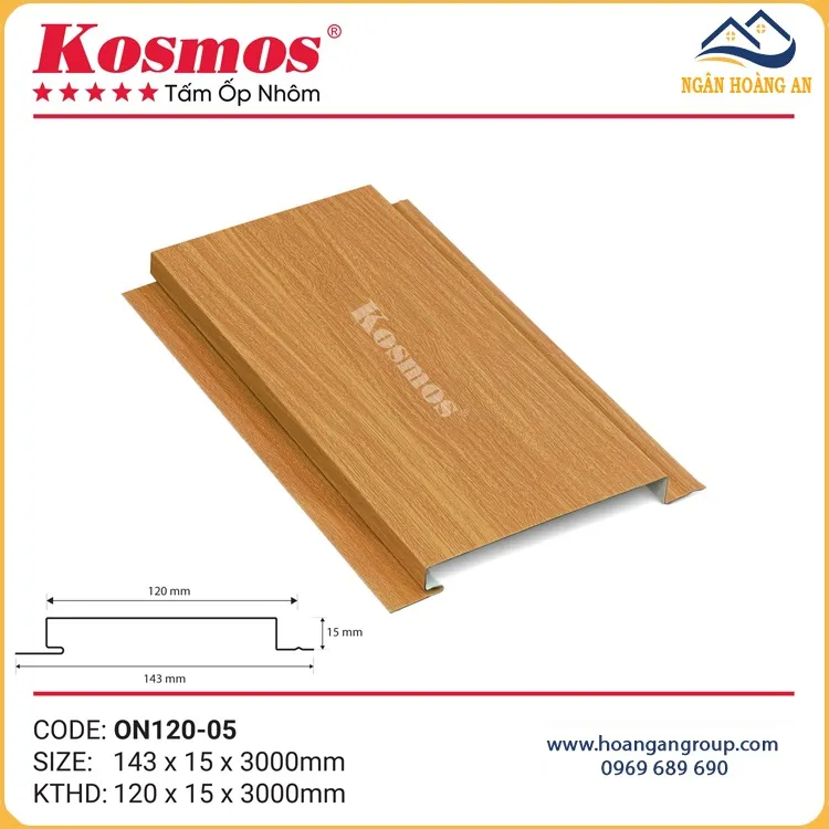 Tấm Ốp Trần Nhôm Phẳng Kosmos ON120-05 Vân Gỗ Vàng Cam