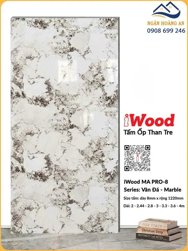 Tấm Ốp Trần Than Tre iWood MA PRO-8 Vân Đá Trắng Xám Loang