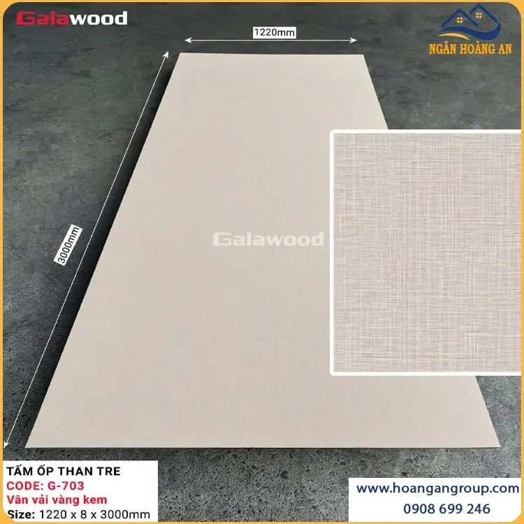 Tấm Ốp Than Tre Galawood 8mm G-703 Vân Vải Vàng Kem