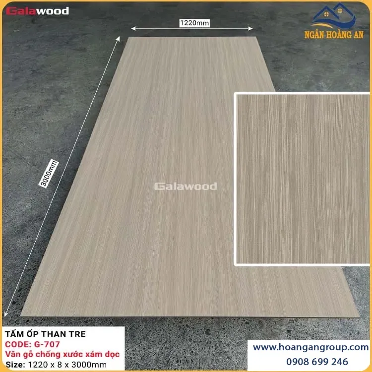 Tấm Ốp Than Tre Galawood 8mm G-707 Vân Gỗ Chống Xước Xám Dọc Tấm Ốp Than Tre Galawood 8mm G-707 Vân Gỗ Chống Xước Xám Dọc