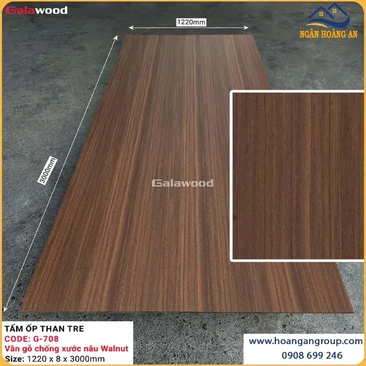 Ốp Tường Than Tre Galawood 8mm G-708 Vân Gỗ Chống Xước Nâu Walnut
