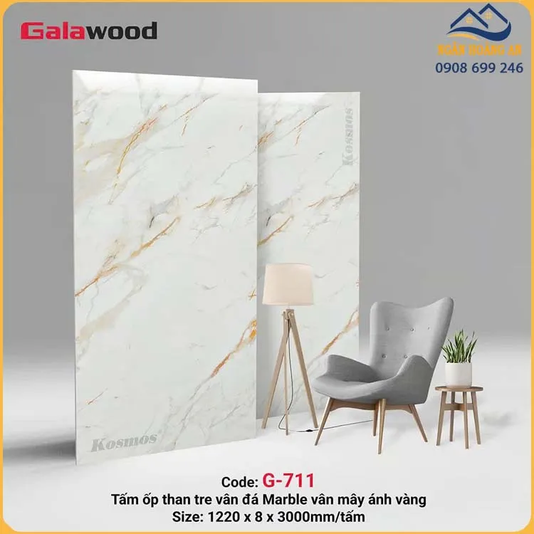 Tấm Ốp Tường Than Tre Galawood 8mm G-711 Vân Đá PET Marble Ánh Vàng