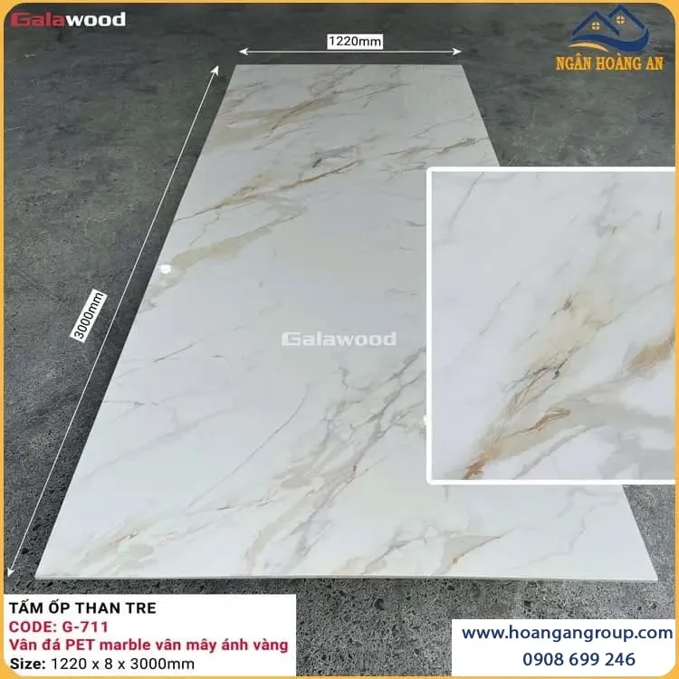 Tấm Ốp Tường Than Tre Galawood 8mm G-711 Vân Đá PET Marble Ánh Vàng Tấm Ốp Tường Than Tre Galawood 8mm G-711 Vân Đá PET Marble Ánh Vàng