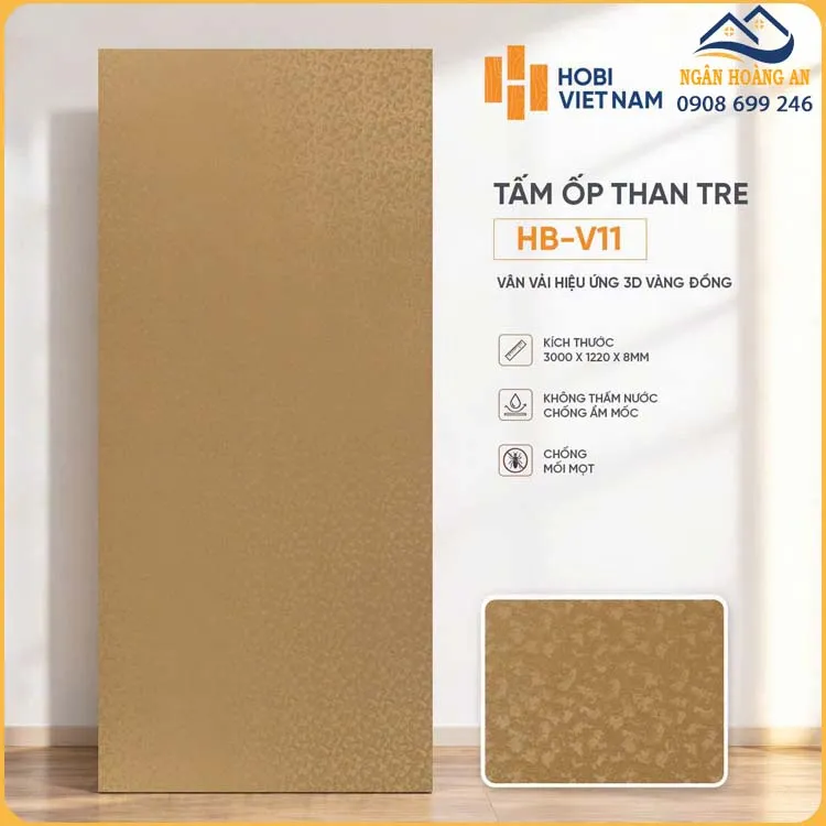 Tấm Ốp Tường Than Tre HobiWood 8mm HB-V11 Vân Vải 3D Vàng Đồng