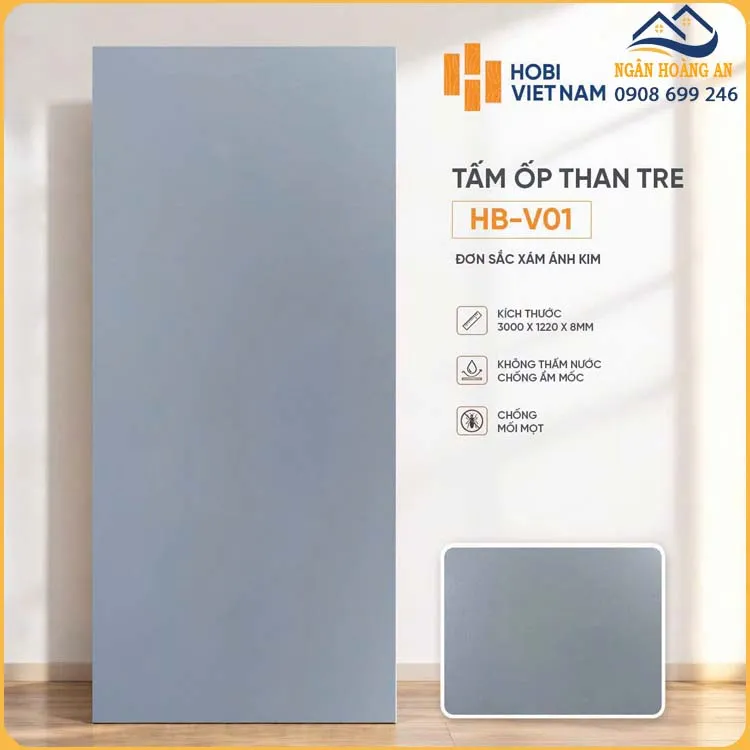 Tấm Ốp Tường Than Tre HobiWood HB-V01 Đơn Sắc Xám Ánh Kim